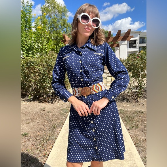 Vintage 70s Western Style Blue Polka Dot Dress - Picture 1 of 4